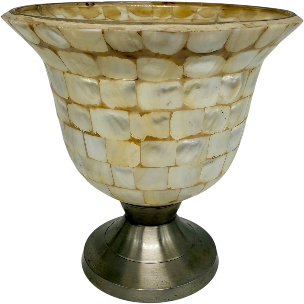 Mother of Pearl Mosaic Shell Candle Holder Metal Pedestal Base Bowl Used